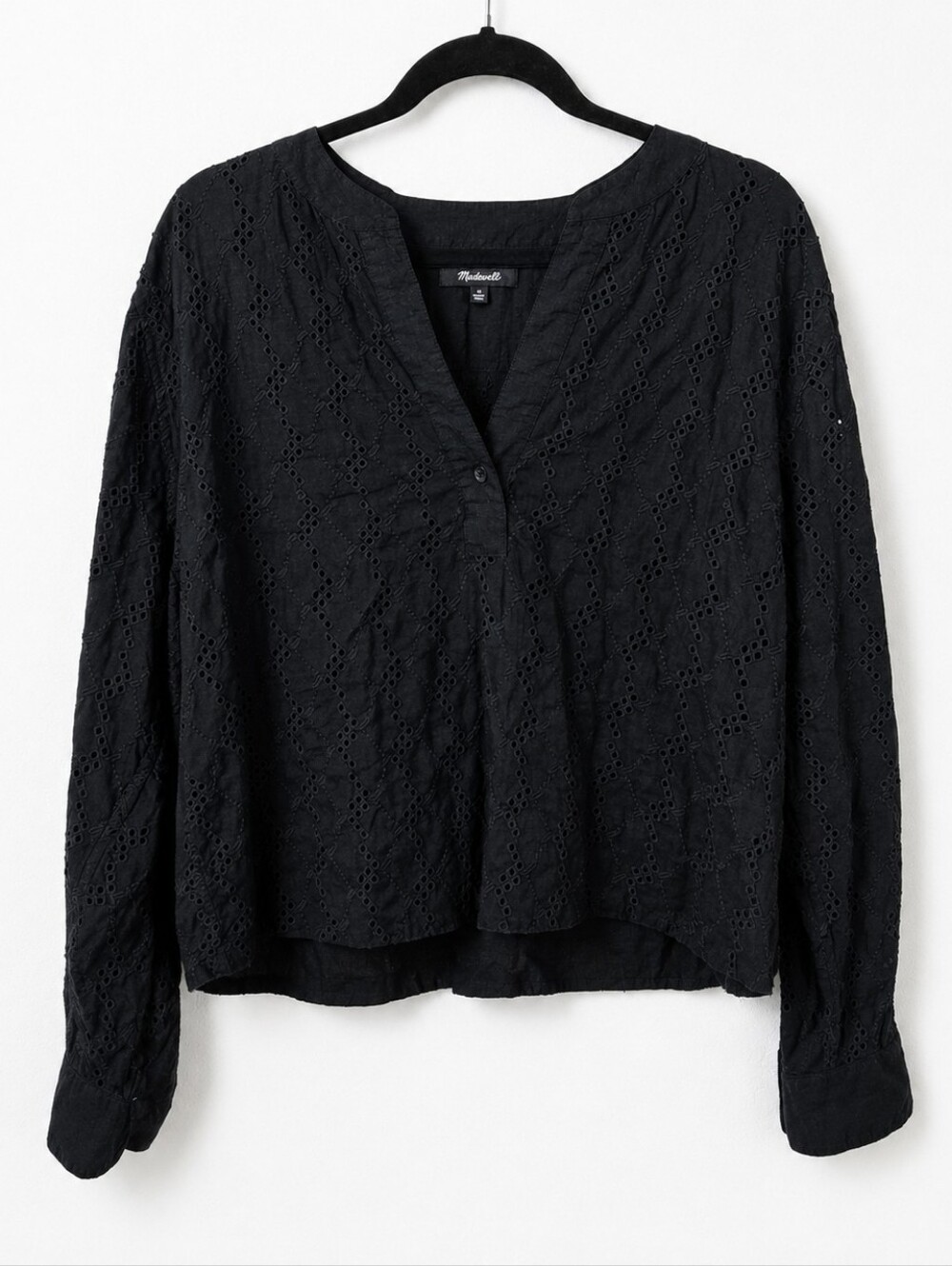 Madewell Black Eyelet Linen Blend Peasant Blouse Boho Cottagecore Top Medium